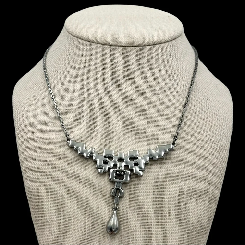 Givenchy Blue Crystal Rhinestone Gun Metal Fancy Necklace - Picture 2 of 4